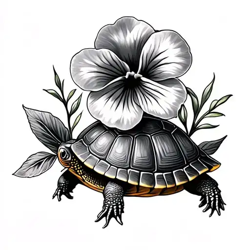 Box Turtle And Pansy Flower