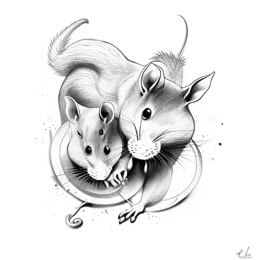 A Black And Grey Tattoo Of A Chaotic Battle Between Rats And Horses