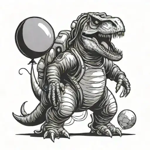 T-rex In A Space Suit With A Balloon In The Hip Pulling It Up