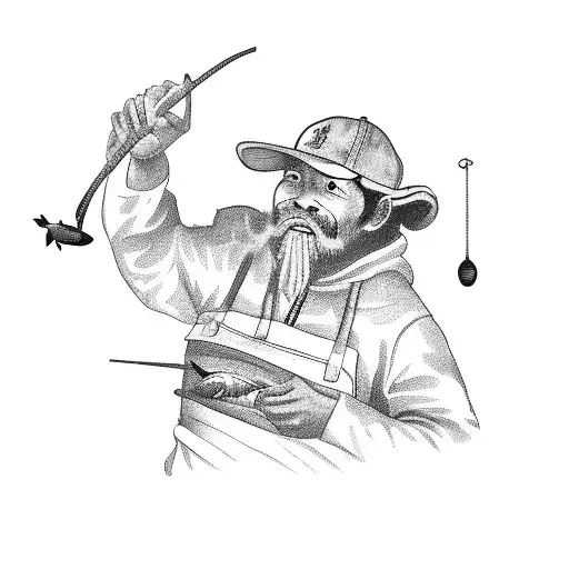 A Black-grey Tattoo Of A Fisherman Selling Fish At A Bustling Market