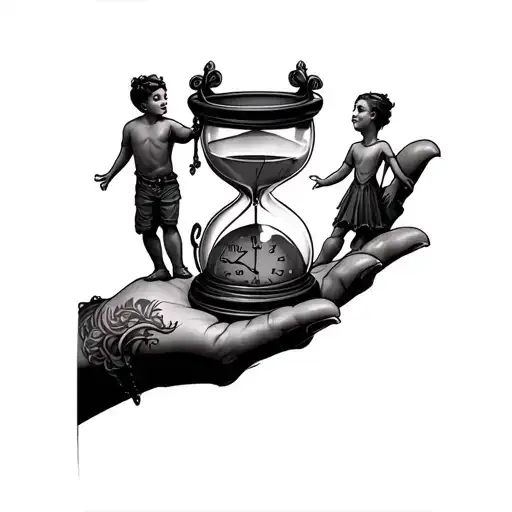I Would Like A Hand That Holds A Hourglass With 2 Children And The Dad In The Middle And Clocks