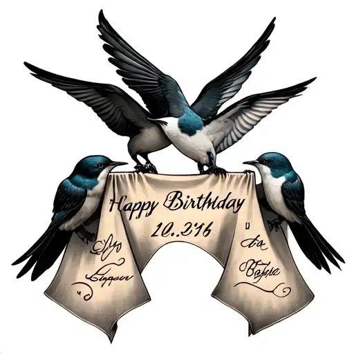 2 Swallows Clutching A Cloth With A Birthday Date Engraved On It