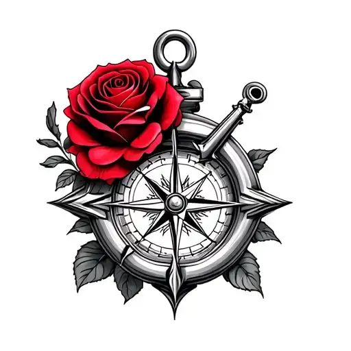 Draw Me A Representation Of A Tattoo Of Large Red Roses That Wears A Serious Compass Of A Sea Anchor
