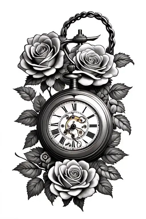 Pocket Watch Mechanism Intertwined With Roses Growing