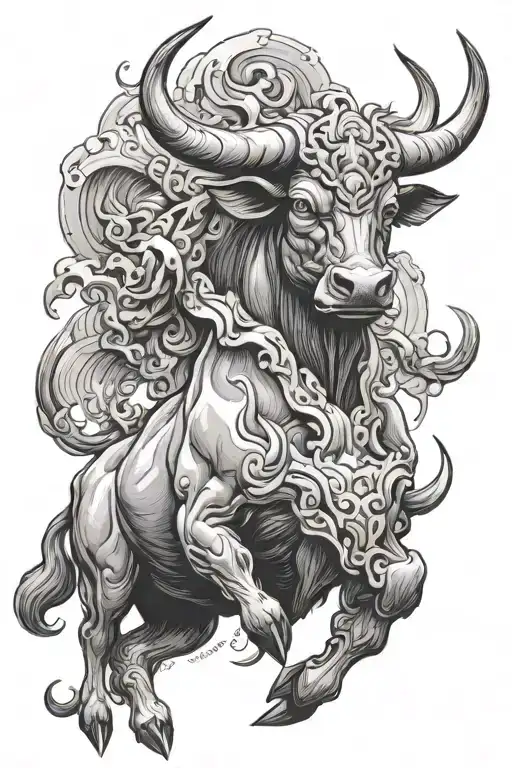 Black And White Tattoo On The Left Shoulder Of The Bull Of Armageddon