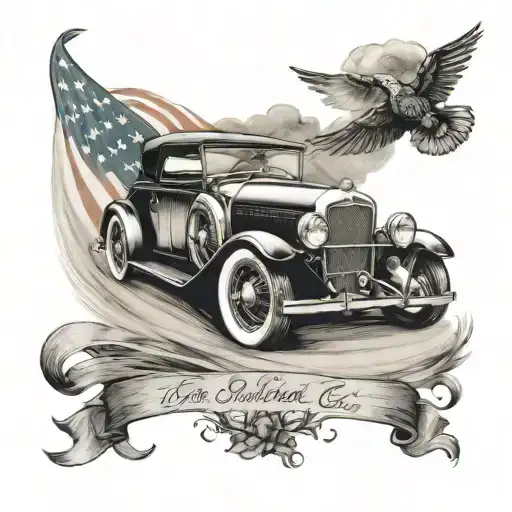 A Tattoo Design Featuring A Vintage Car Speeding Down An Open Road Symbolizing Freedom And Liberty