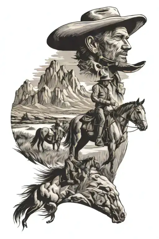 Western Mountains With A Cowboy And Horse Eating Grass By The River