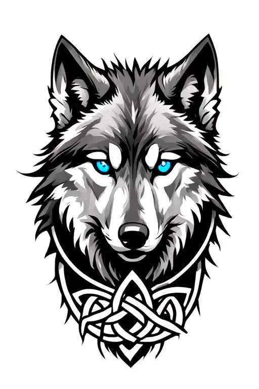 Wolf With Blue Eyes On Armor Tattoo Design Featuring Celtic Trinity Knot