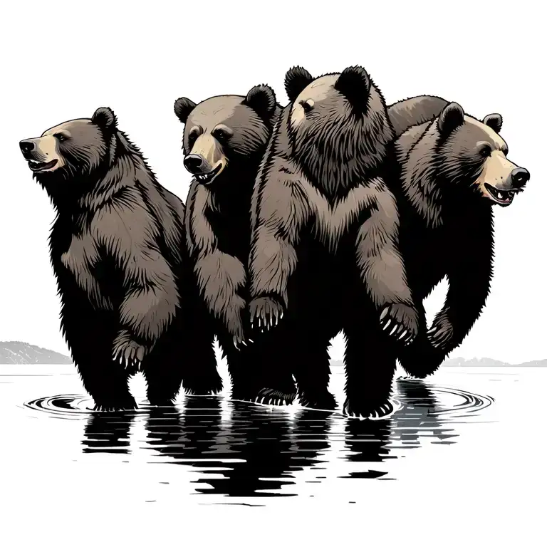 4 Dancing Bears Walking Away From Lake Dock In The Sunset