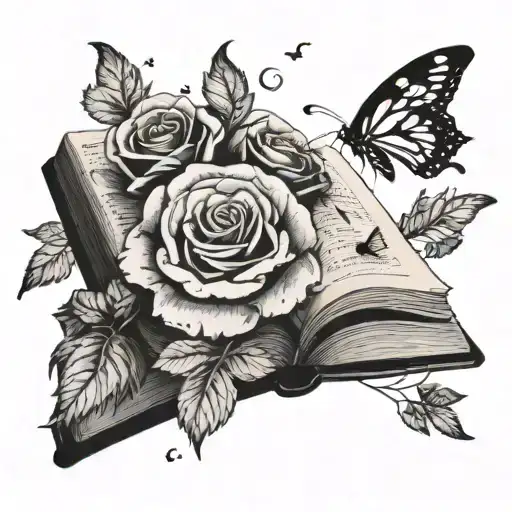 Roses Growing Out Of A Book With Butterflies Flying Around Minimalistic