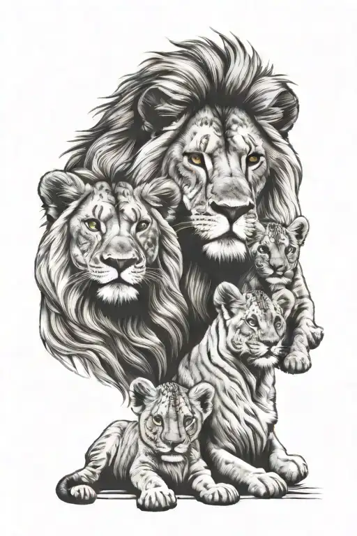 Mom And Dad With Lion Cubs Face Only