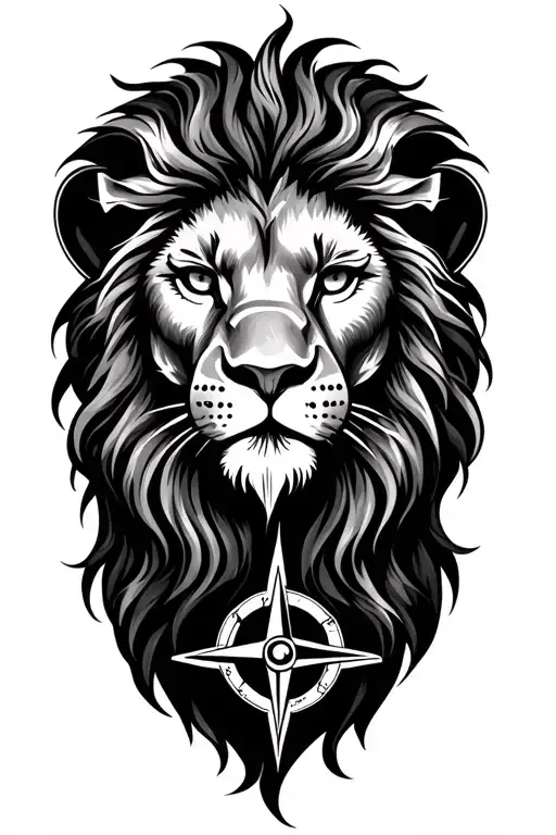Small Lion Head And Big Compass Rose Blended Together