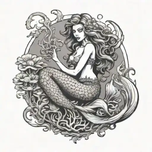 Mermaid Sitting On Coral Reef Scene Tattoo Design