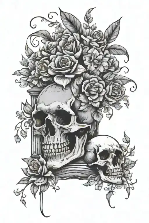 Book And Skull Surrounded By Flowers