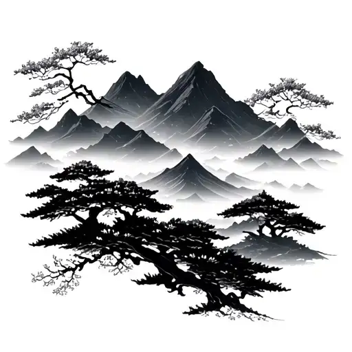 Asian Mountains With Blossom Trees