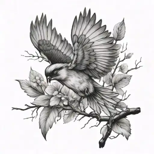 Chickodee Landing Open Wings On A Birch Tree