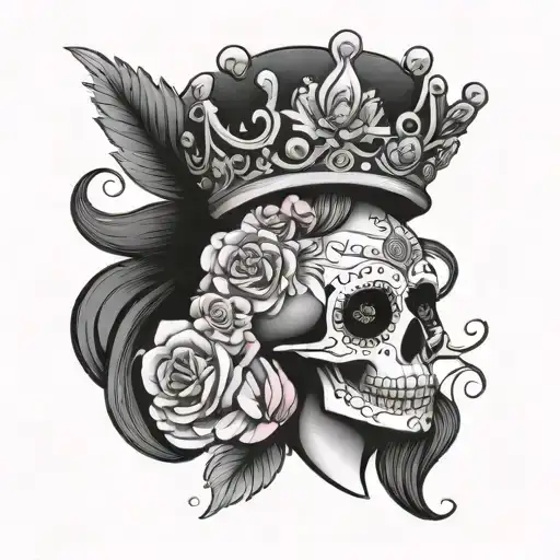 Sugar Skull With Crown And Pink Flowers
