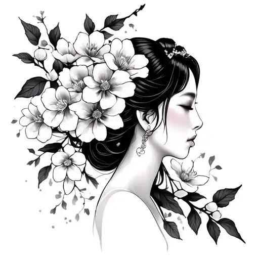 Blossoms Sleeve With Flowers And Asian Lady Head