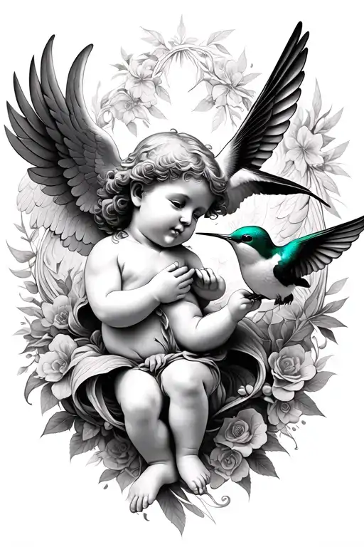 Cherub And Hummingbird Feeding
