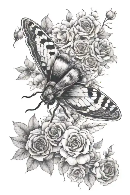 Death Moth Facimg Upward Surrounded By Florals