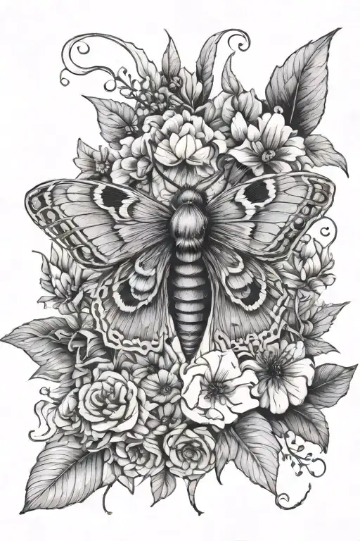 Death Moth Facing Upward Surrounded By Florals