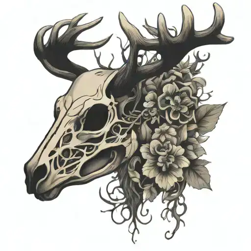 Deer Skull Mossy Vines And Flowers