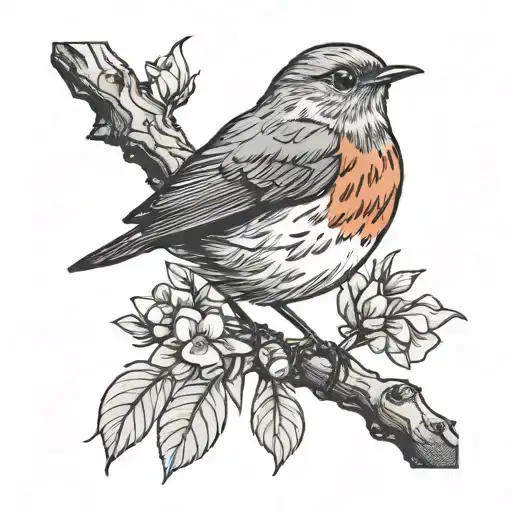 Robin On Branch With Flowera