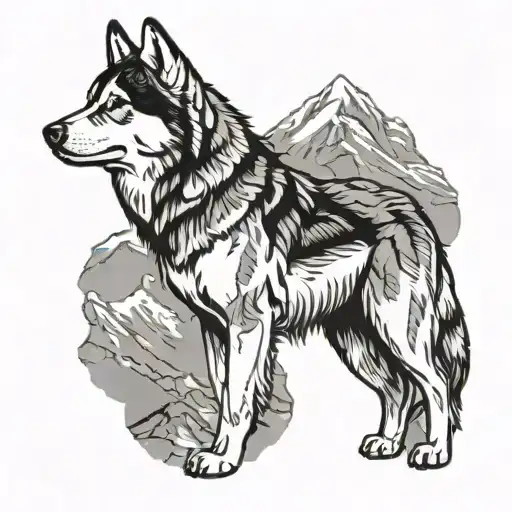Husky With Mountain Range Silhouette