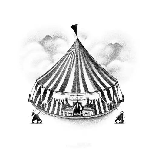 A Surreal Black And Grey Tattoo Of A Circus Tent With Performers Engaging In Various Acts