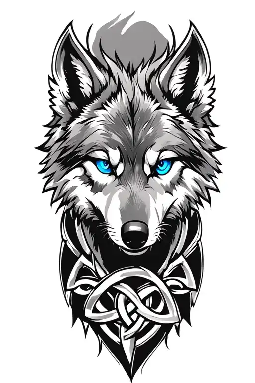 Wolf With Blue Eyes On Armor Tattoo Design Featuring Celtic Trinity Knot