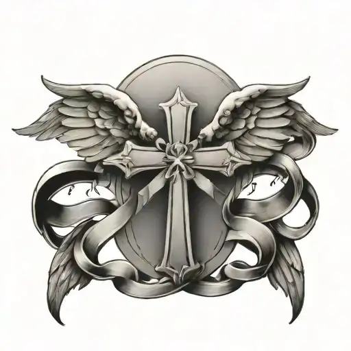 Angel Wings Curved Around A Cross With The Numbers 222 In The Center Of The Cross