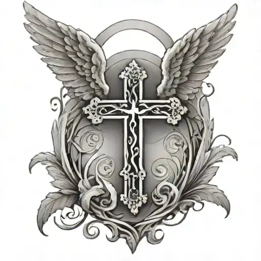 Angel Wings Curved Around A Cross With The Numbers 222 In The Center Of The Cross