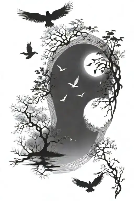 Birds Flying Over Water And Trees In The Moonlight