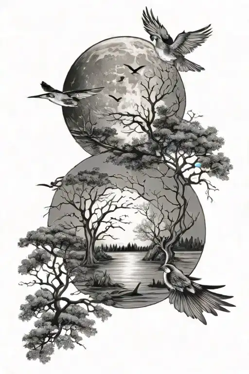 Birds Flying Over Water And Trees Under A Full Moon