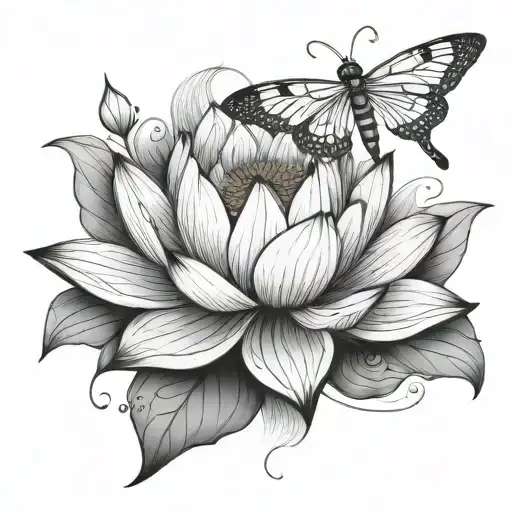 Black And White Lotus With A Dragonfly