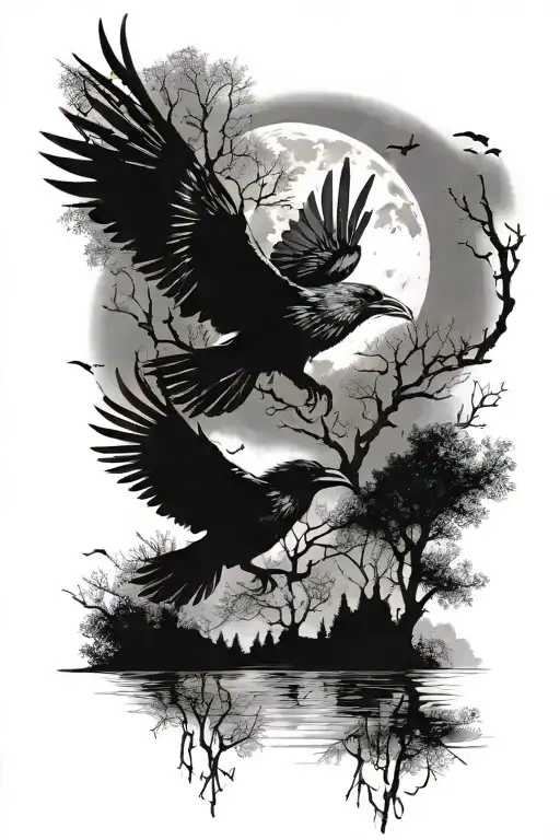 Ravens Flying Over Water And Trees Under A Full Moon