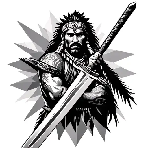 Indian Warrior With Sword With Tattoo Quotes In Geometric Shape
