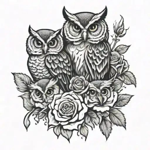 Owl With Rose And 5 Baby Owls