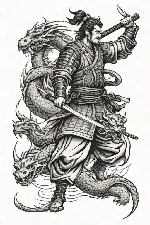 Samurai Fighting A Dragon Sleeve Tattoo Design