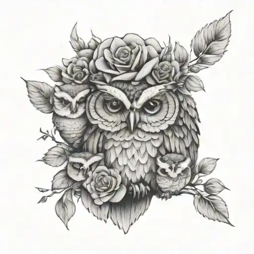 Mother Owl With Rose In Mouth With 5 Baby Owls