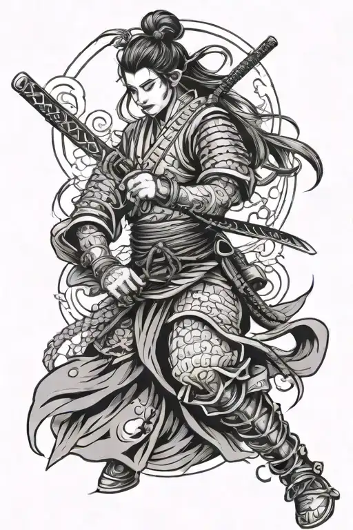 A Woman Samurai Close Up Sleeve Tattoo Design Combining