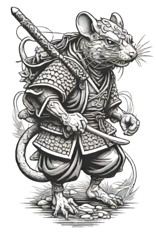 A Mouse Samurai Fighting A Frog Sleeve Tattoo Design Combining