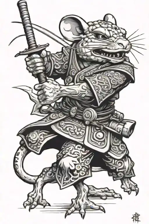 A Mouse Samurai Fighting A Frog Sleeve Tattoo Design