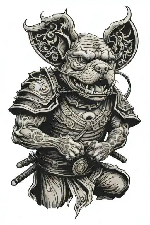 A Pit Bull Samurai Fighting A Frog Sleeve Tattoo Design