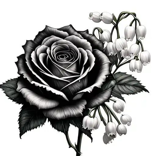 Bundle Of Flower Tattoo Rose On Left Lily Of The Valley In The Middle And Delphinium On The Right