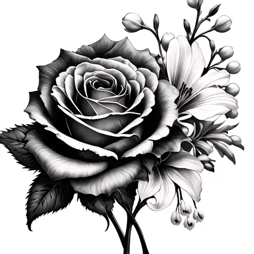 Bundle Of Flower Tattoo Rose On Left Lily Of The Valley In The Middle And Delphinium On The Right