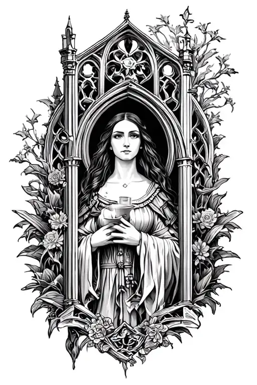 Medieval Style Tattoo A Gothic Structure With A Woman In The Center