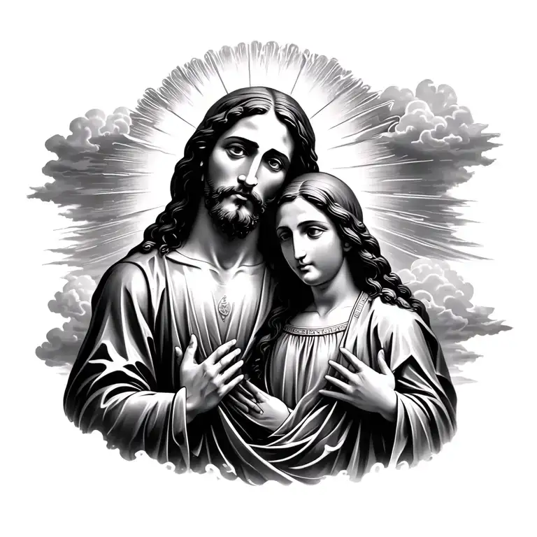 Jesus And Maria With Rays And Clouds