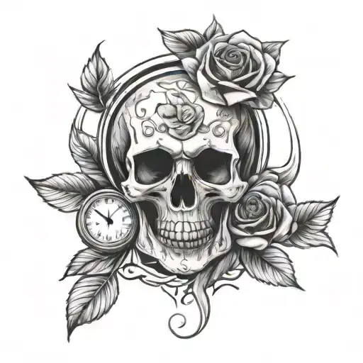Skull And Rose And Clock