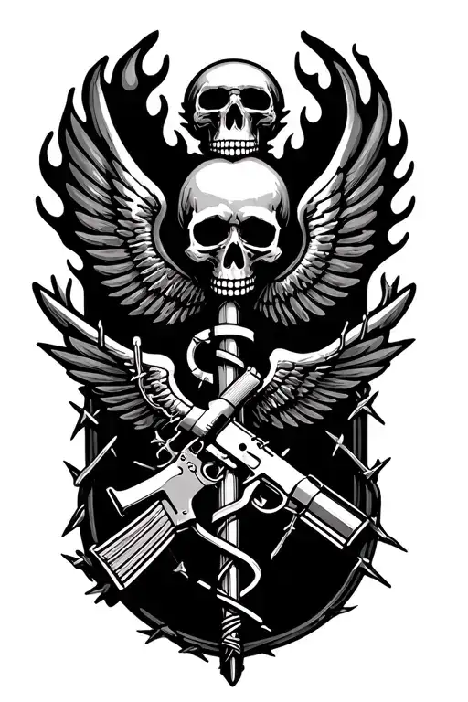 Caduceus Made With An M-16 Barbed Wire Flames As The Wings A Skull At The Top Of The Staff